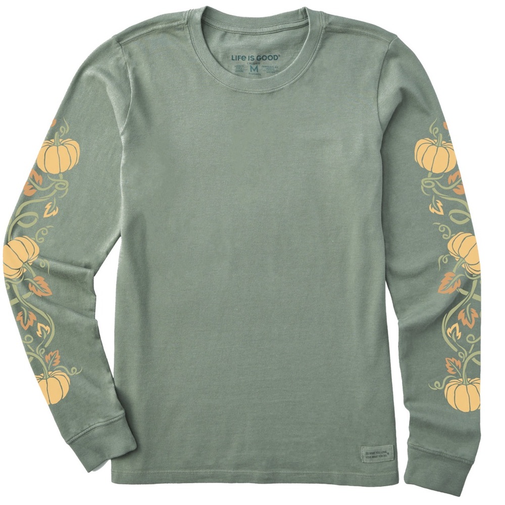 NWT Life Is Good Women's XS Green Pumpkin Patch Long Sleeve Crusher Tee